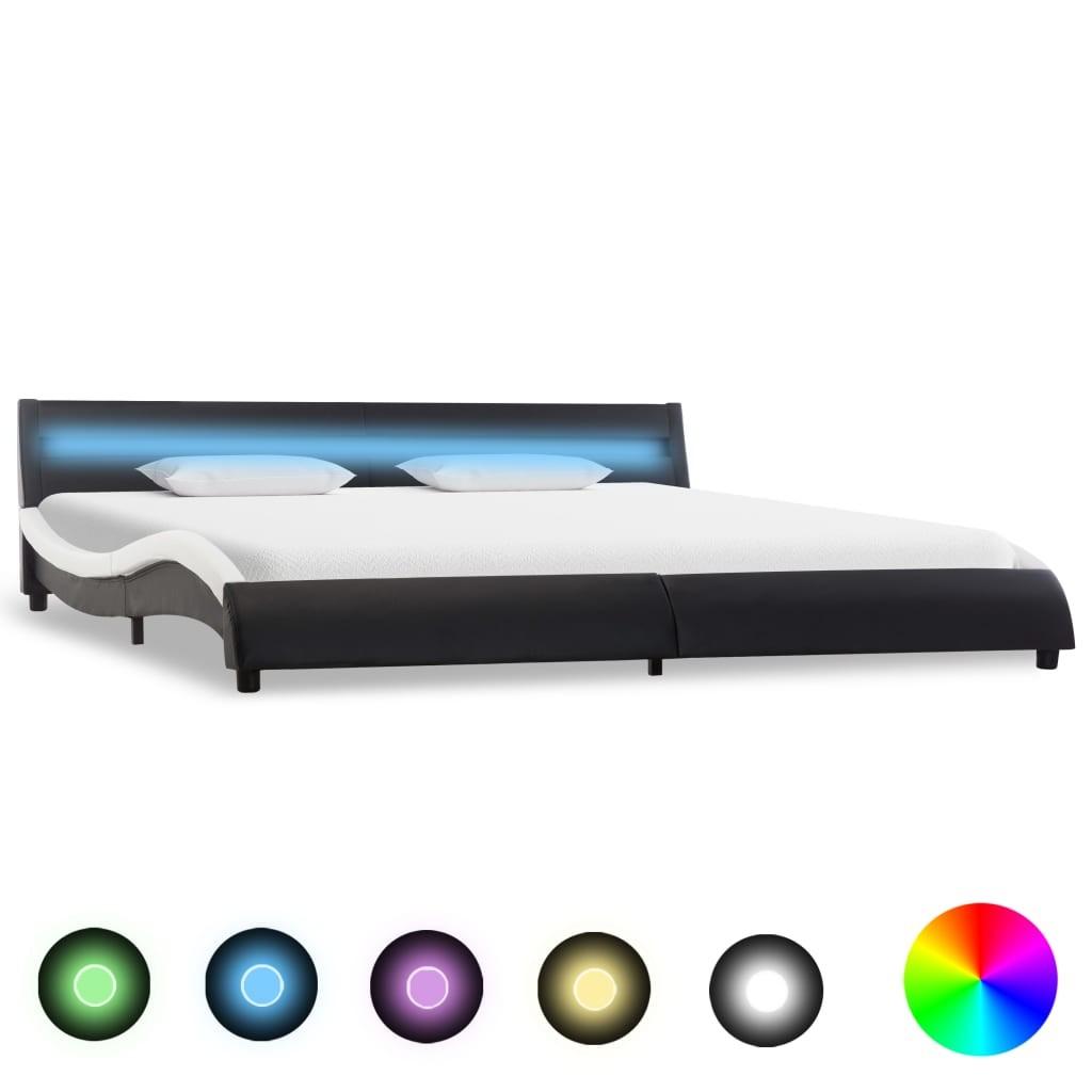 Sengestel med LED 180x200 cm kunstlæder sort og hvid