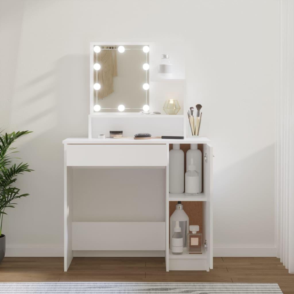 Makeupbord med LED-lys 86,5x35x136 cm hvid