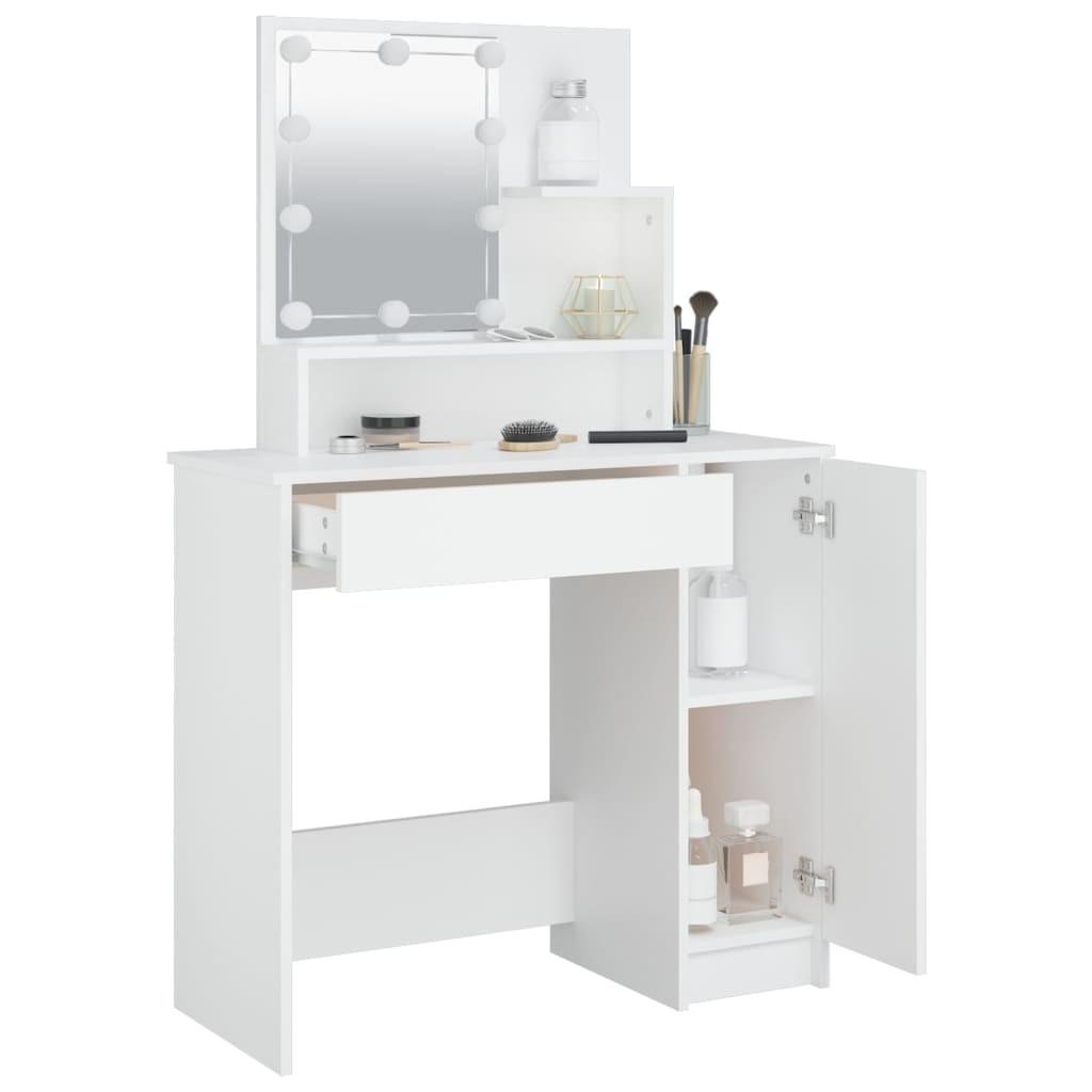 Makeupbord med LED-lys 86,5x35x136 cm hvid