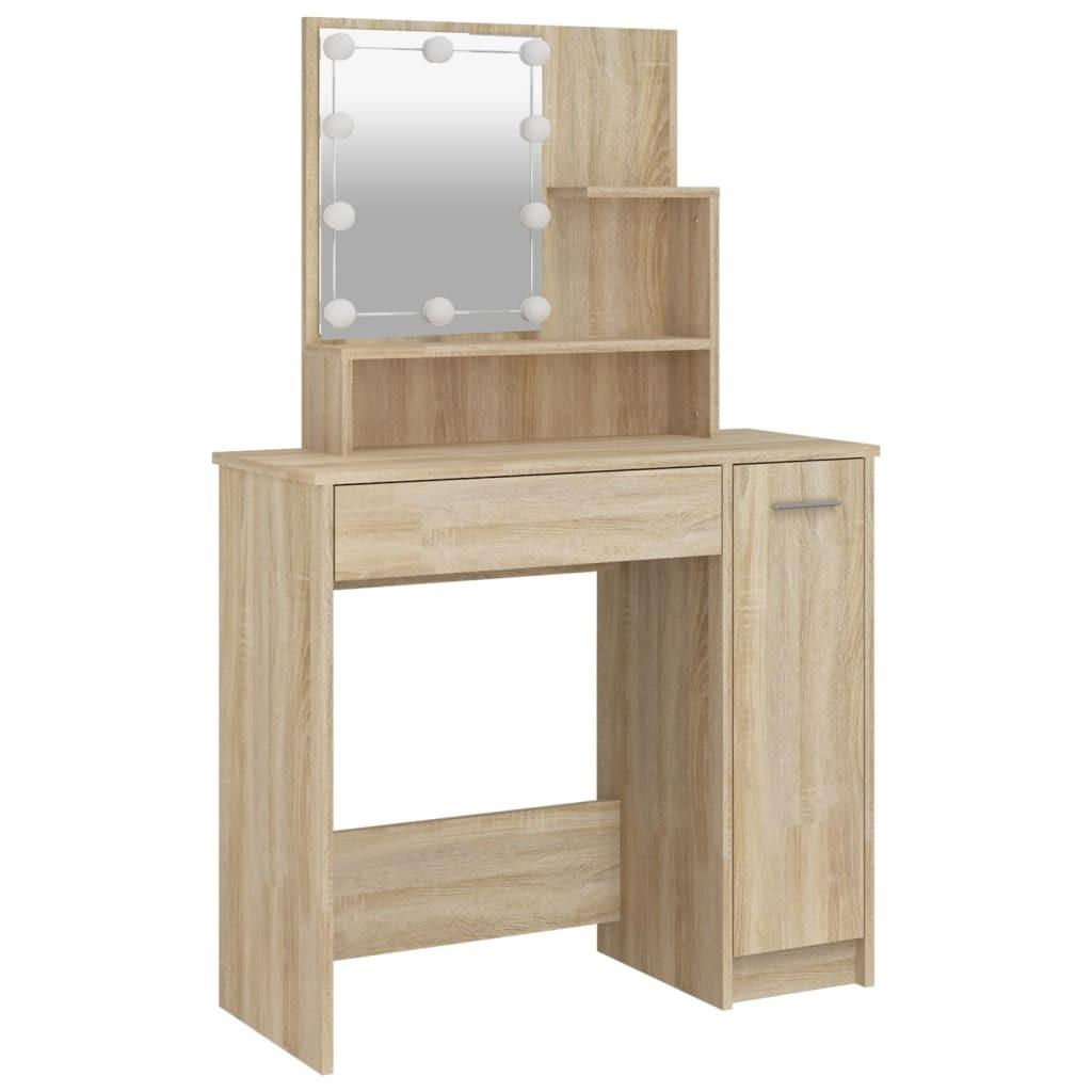 Makeupbord med LED-lys 86,5x35x136 cm sonoma-eg