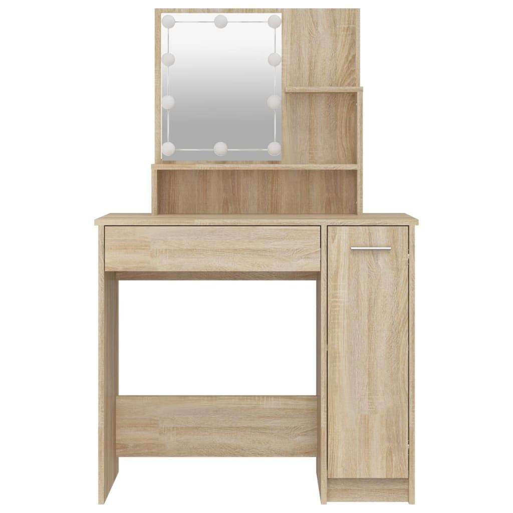 Makeupbord med LED-lys 86,5x35x136 cm sonoma-eg