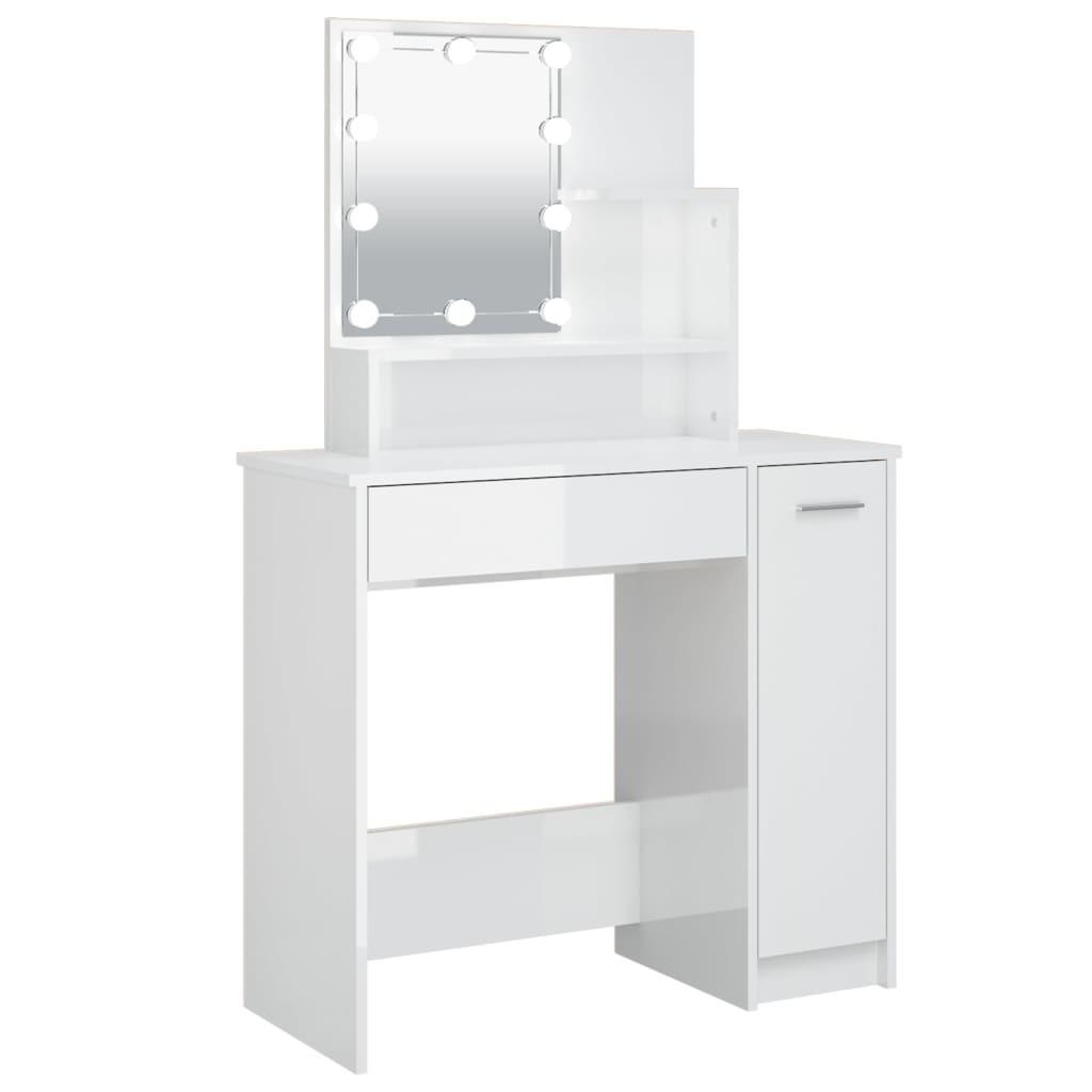 Makeupbord med LED-lys 86,5x35x136 cm hvid højglans