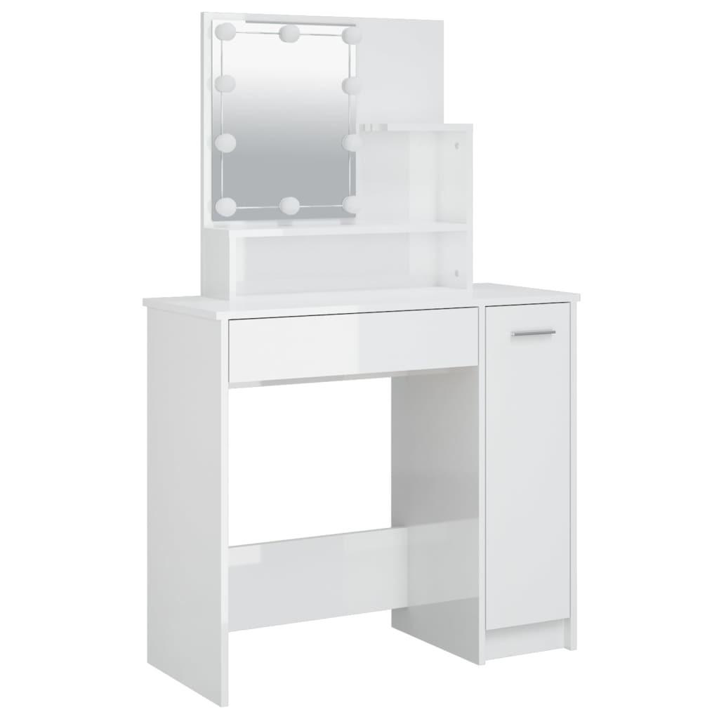 Makeupbord med LED-lys 86,5x35x136 cm hvid højglans