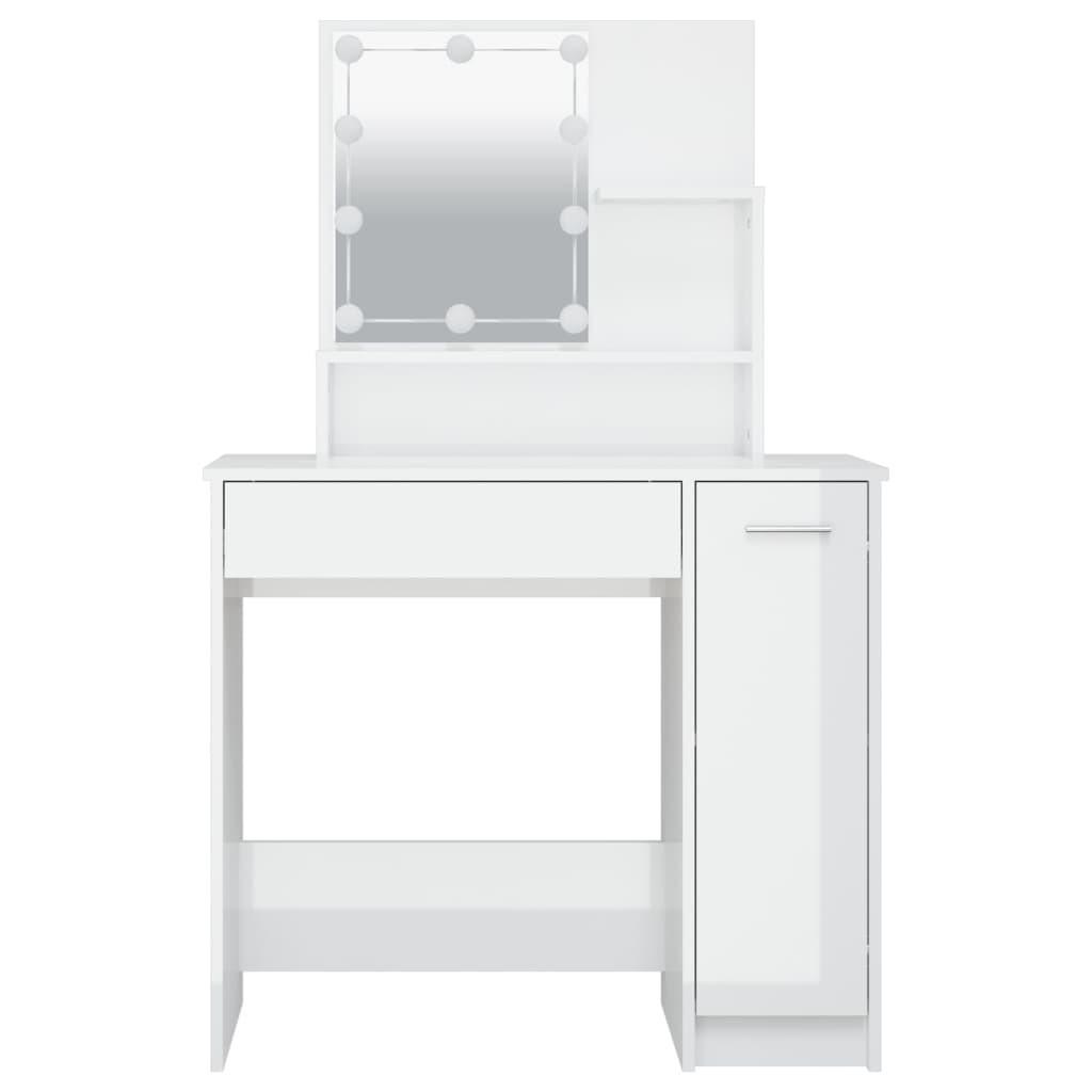 Makeupbord med LED-lys 86,5x35x136 cm hvid højglans