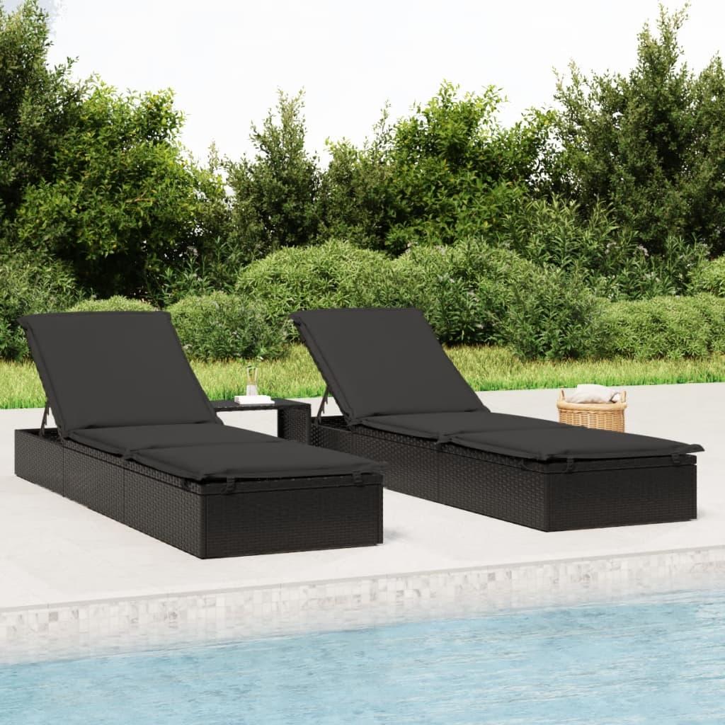 Liggestole 2 stk. med bord polyrattan sort