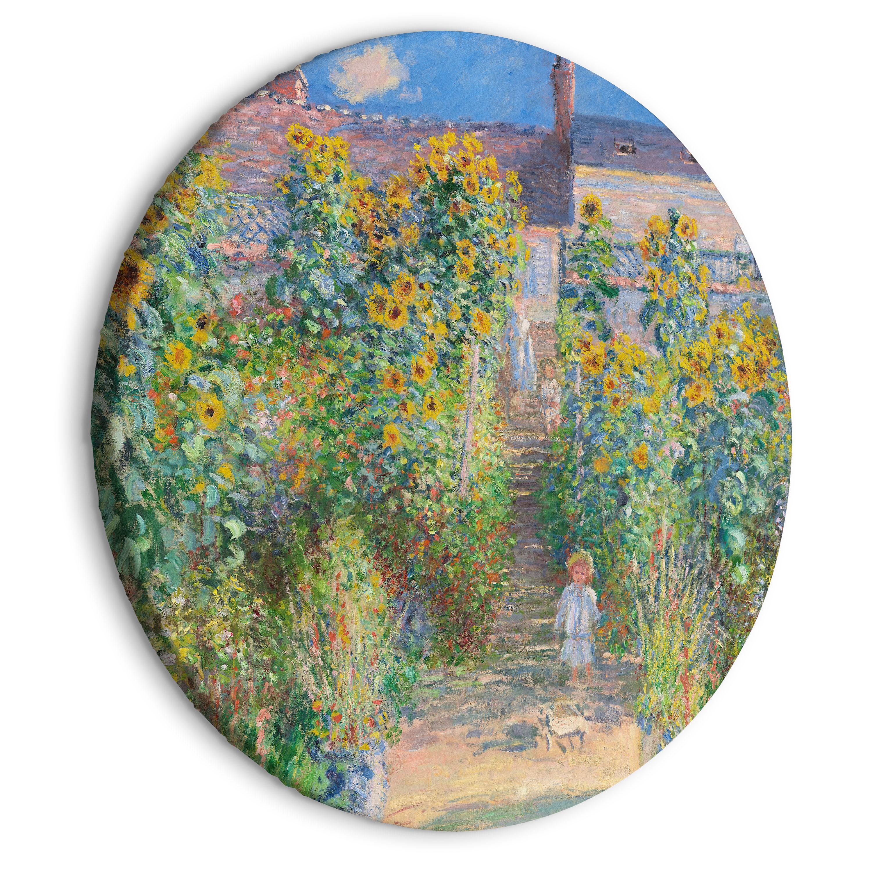 Rundt lærredsprint - Claude Monets Garden at Vétheuil - Farmhouse With Sunflowers