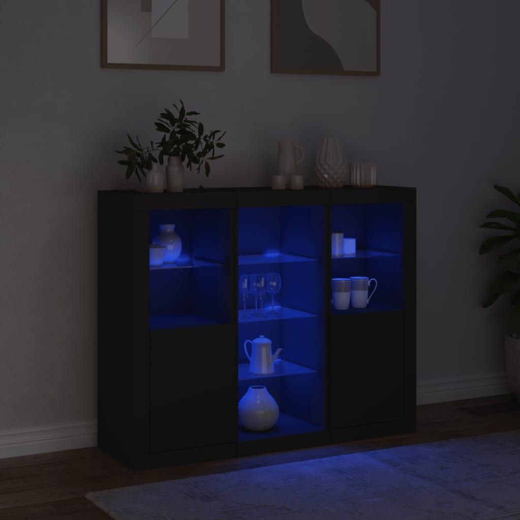 Skænke med LED-lys 3 stk. konstrueret træ sort