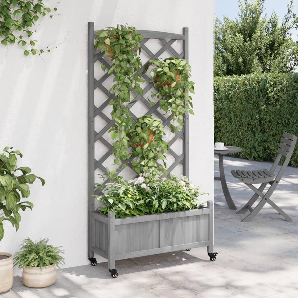 Plantekasse med espalier og hjul massivt fyrretræ grå