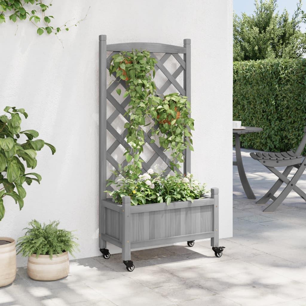 Plantekasse med espalier og hjul massivt fyrretræ grå