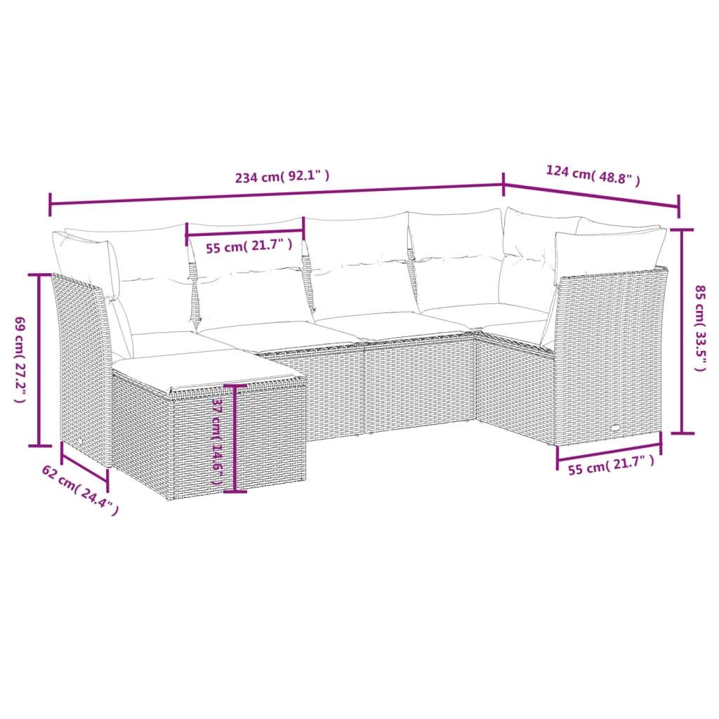 Sofasæt til haven 6 dele med hynder polyrattan brun