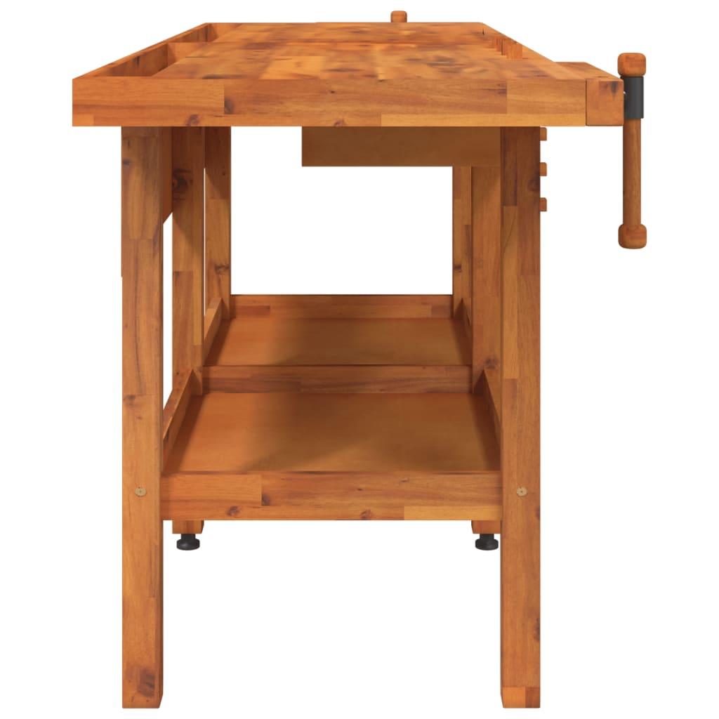 Arbejdsbord m. skuffer + skruestik 192x62x83 cm massivt akacie