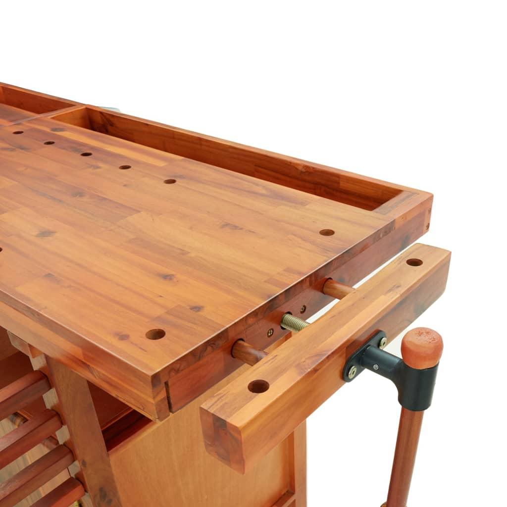 Arbejdsbord m. skuffer + skruestik 162x62x83 cm massivt akacie