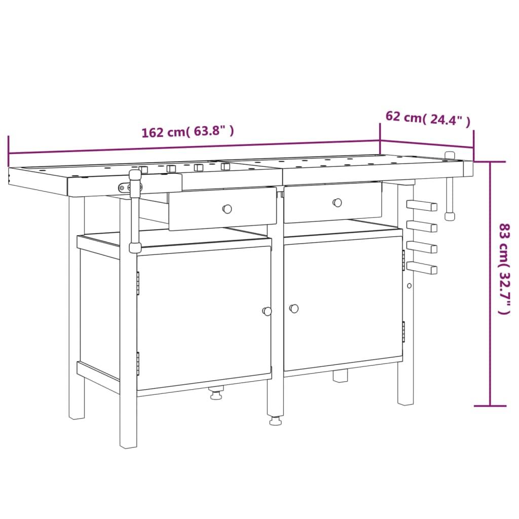 Arbejdsbord m. skuffer + skruestik 162x62x83 cm massivt akacie