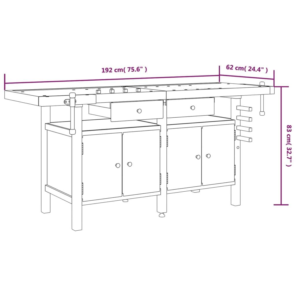 Arbejdsbord m. skuffer + skruestik 192x62x83 cm massivt akacie