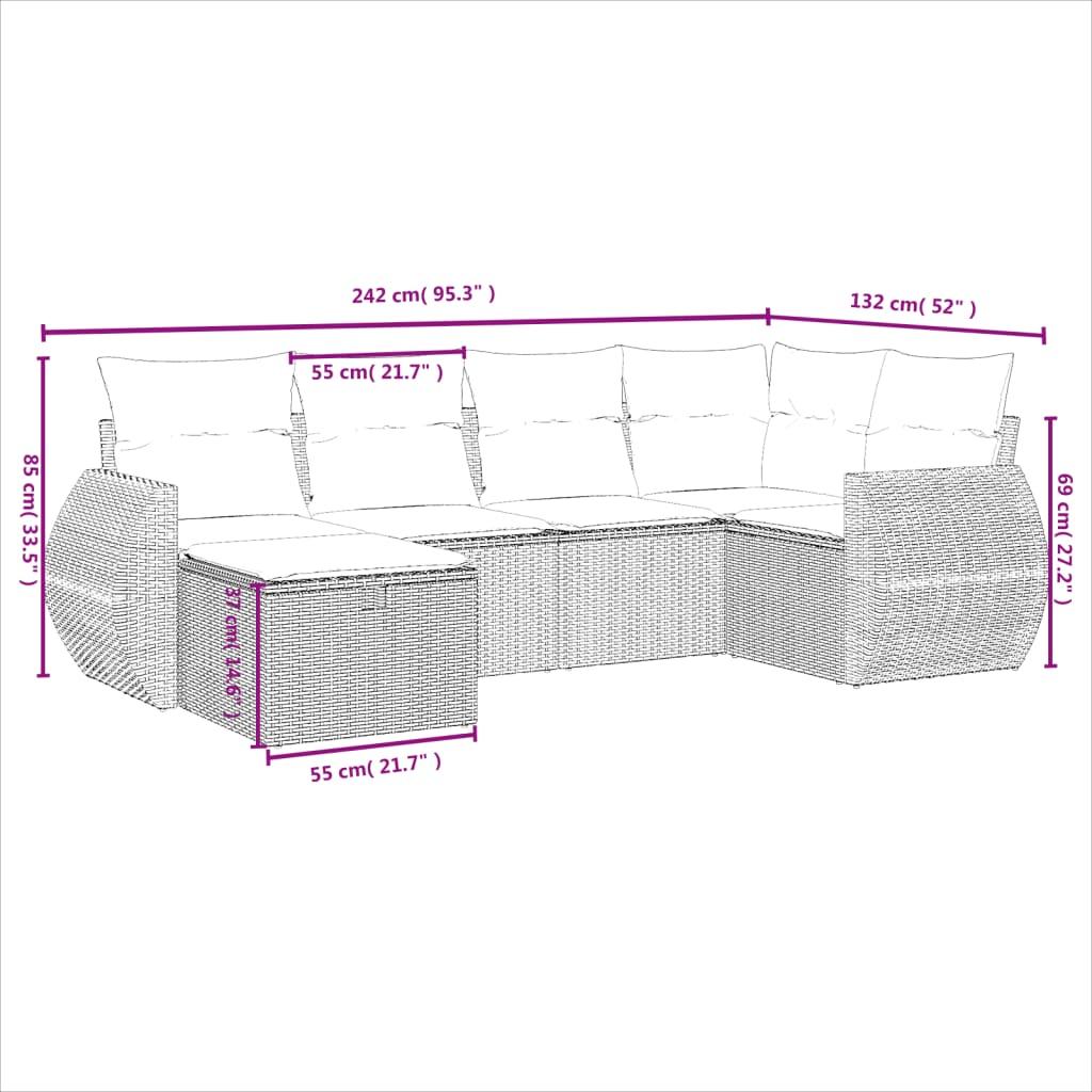 Havesofasæt 6 dele med hynder polyrattan beige