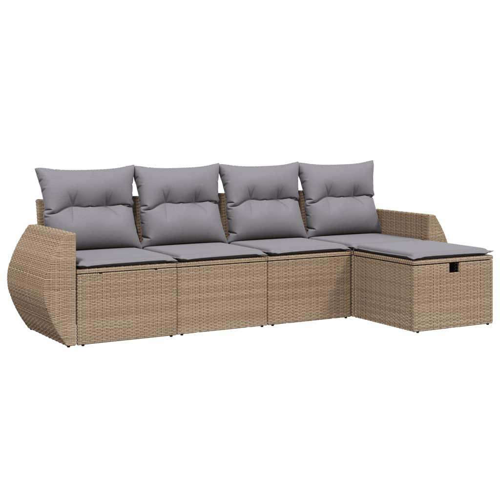 Havesofasæt 5 dele med hynder polyrattan beige