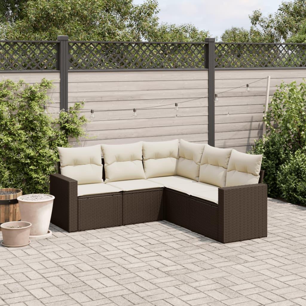 Sofasæt til haven 5 dele med hynder polyrattan brun