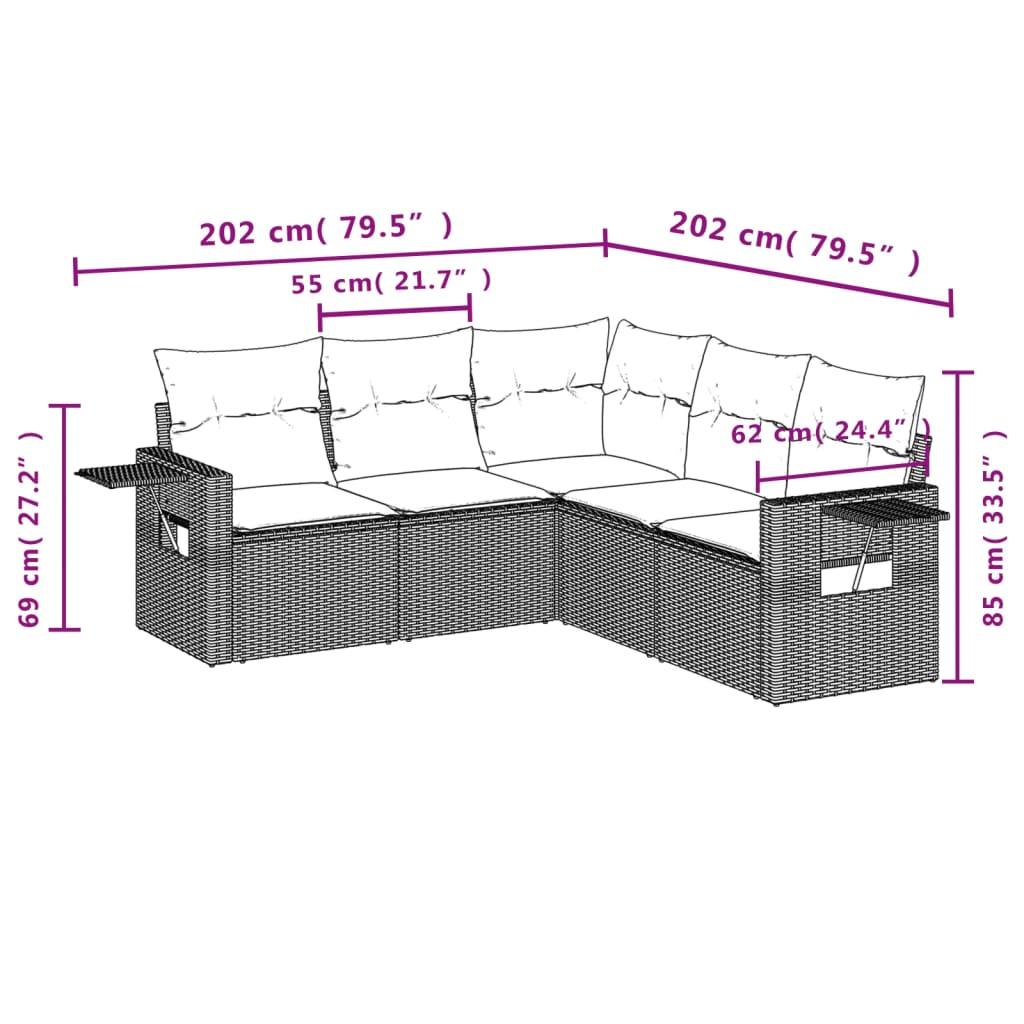 Sofasæt til haven 5 dele med hynder polyrattan brun