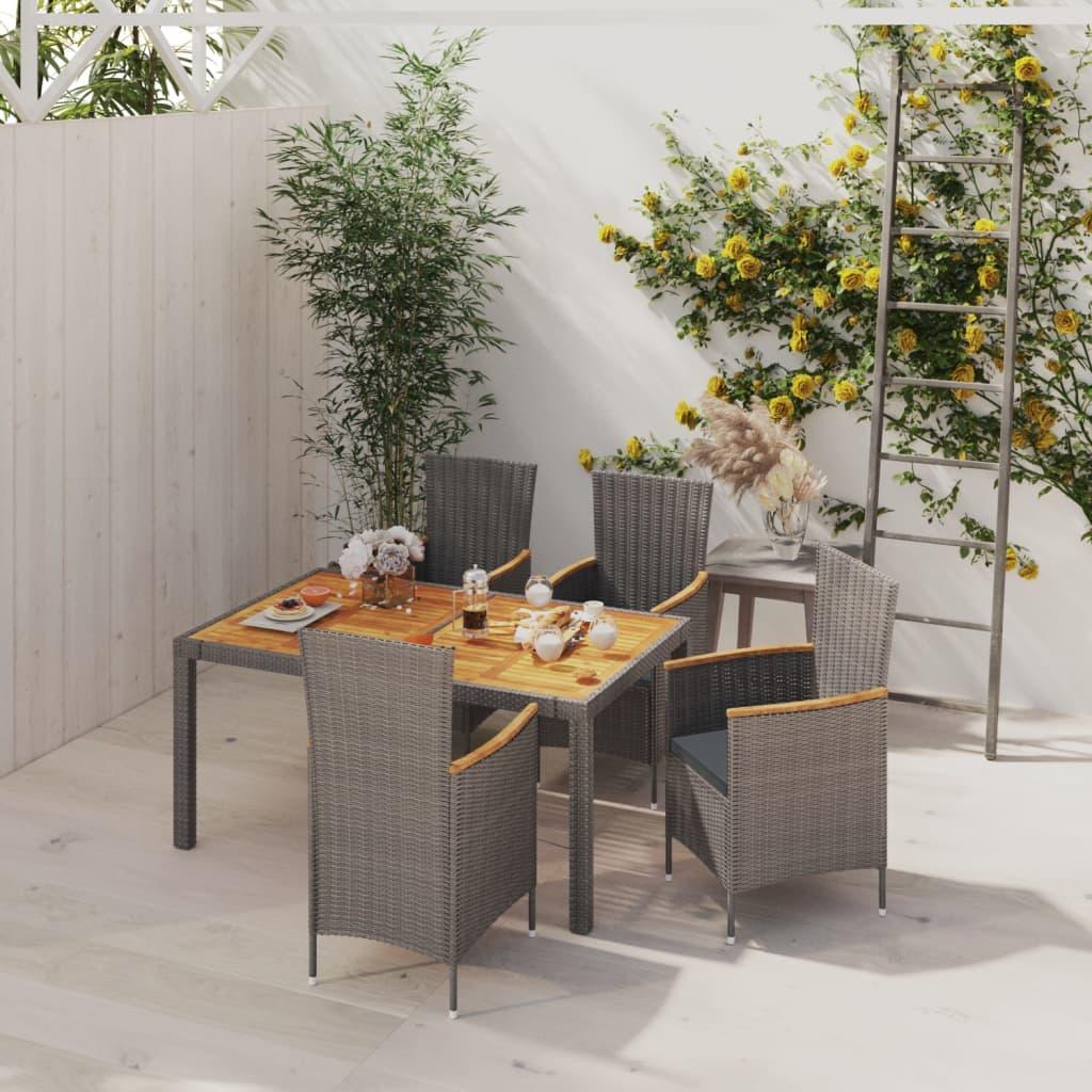 Udendørs spisebordssæt 5 dele med hynder polyrattan grå