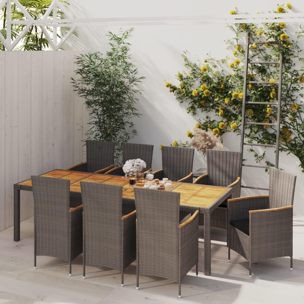 Udendørs spisebordssæt 9 dele med hynder polyrattan grå