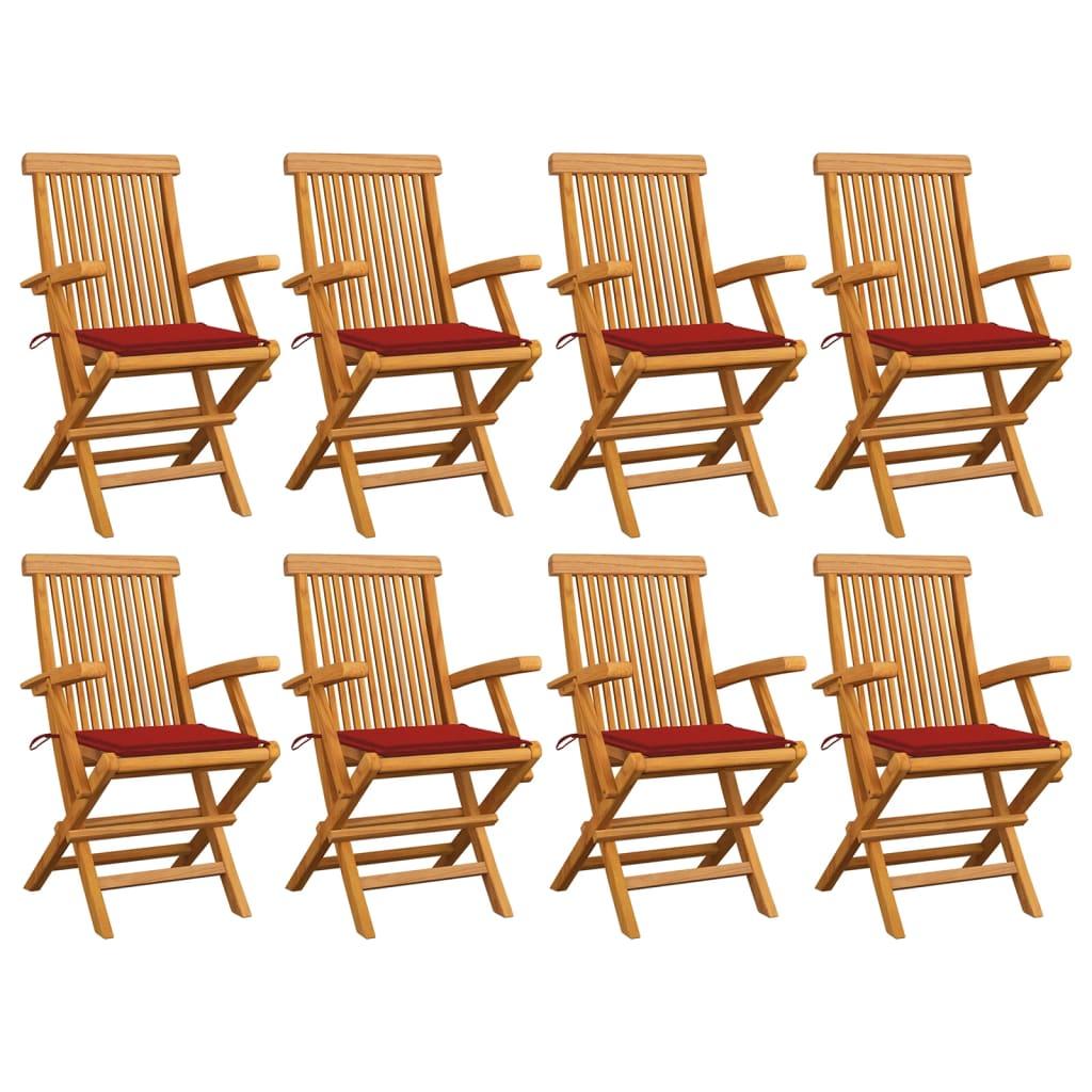 Havestole m. røde hynder 8 stk. massivt teaktræ