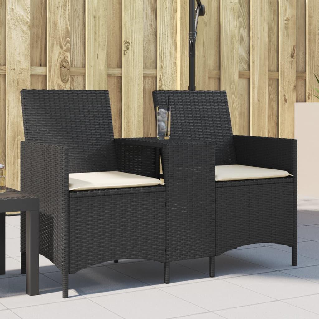 2-personers sofa med bord og hynder polyrattan sort