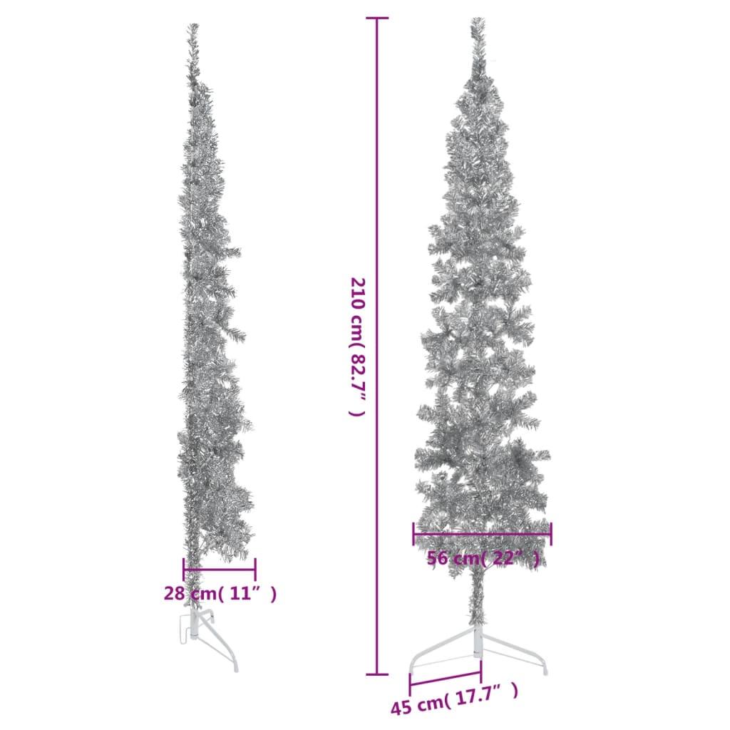 Kunstigt halvt juletræ med juletræsfod 210 cm smalt sølvfarvet
