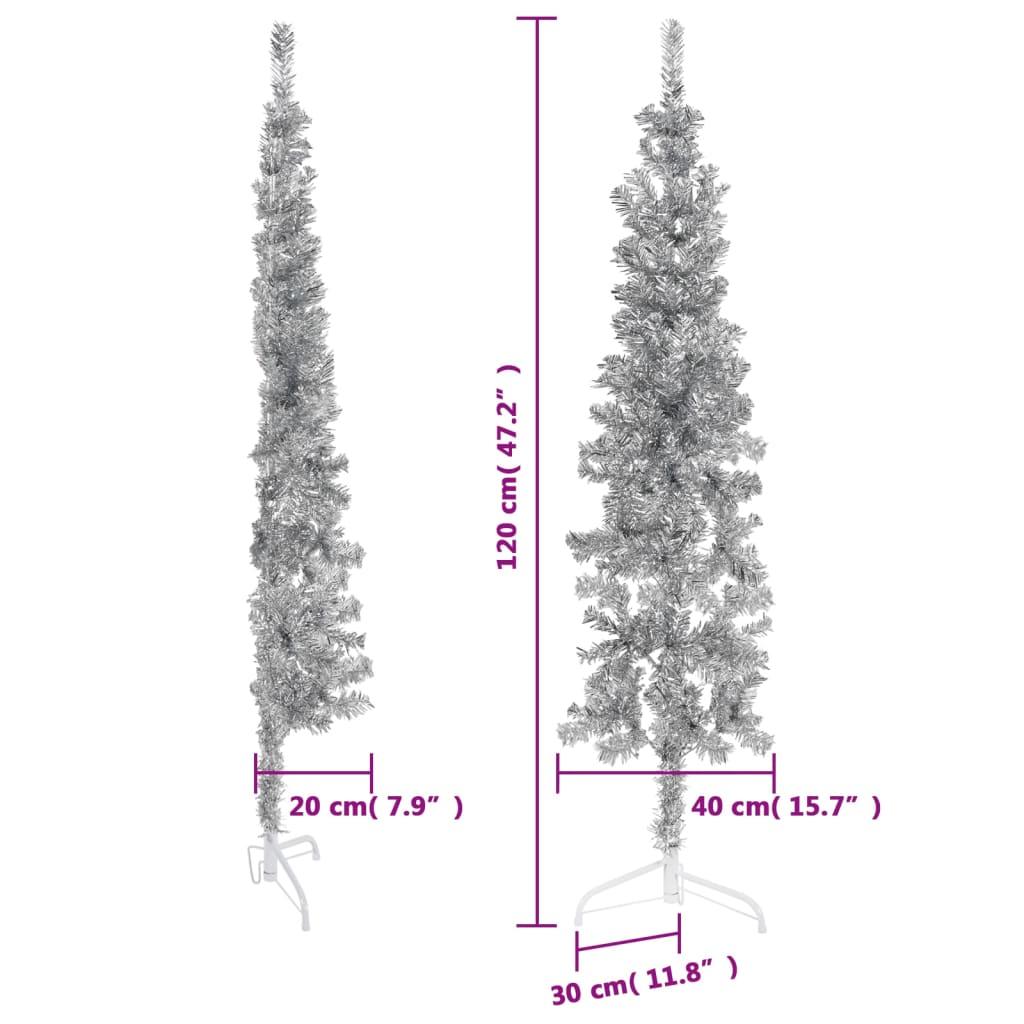 Kunstigt halvt juletræ med juletræsfod 120 cm smalt sølvfarvet