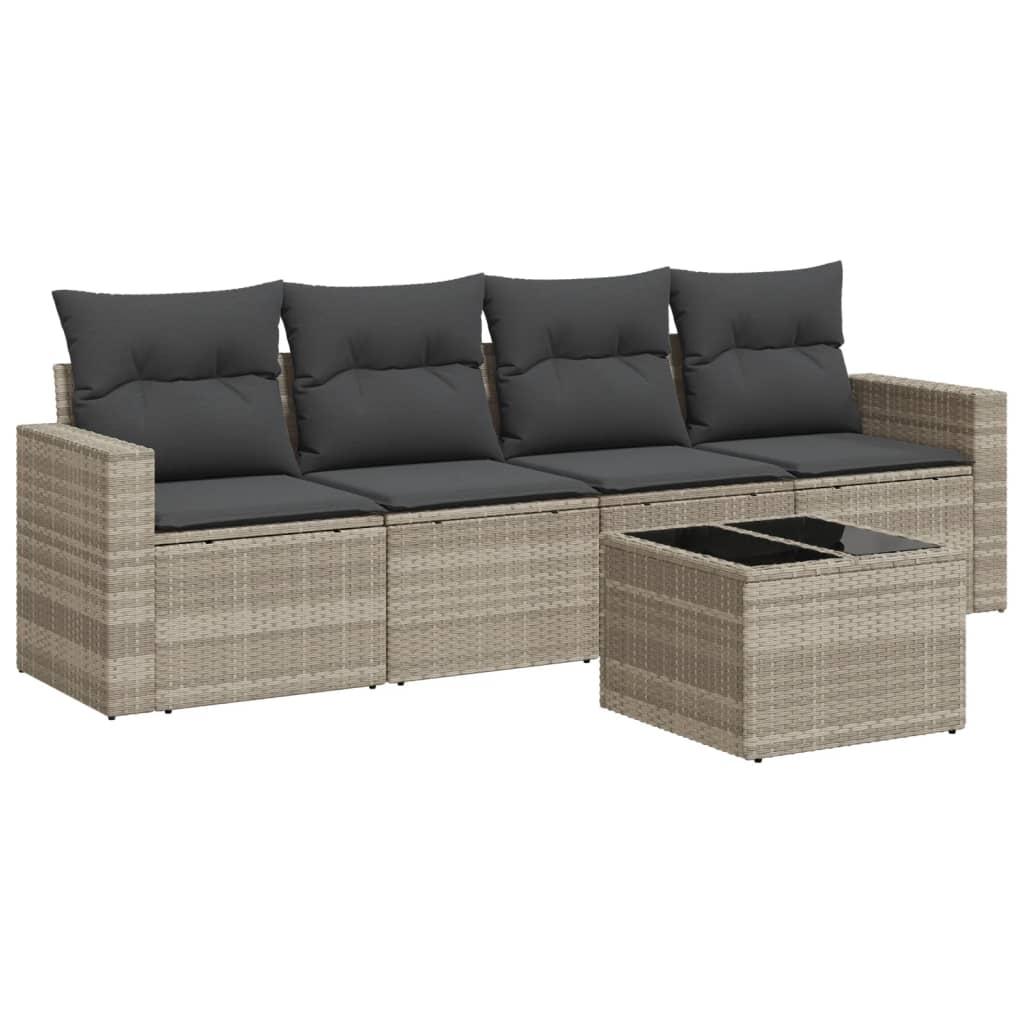 Sofasæt 5 dele med hynder polyrattan lysegrå