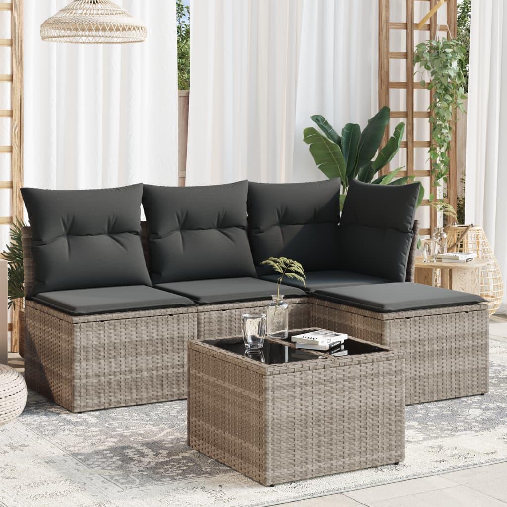 Sofasæt 5 dele med hynder polyrattan lysegrå