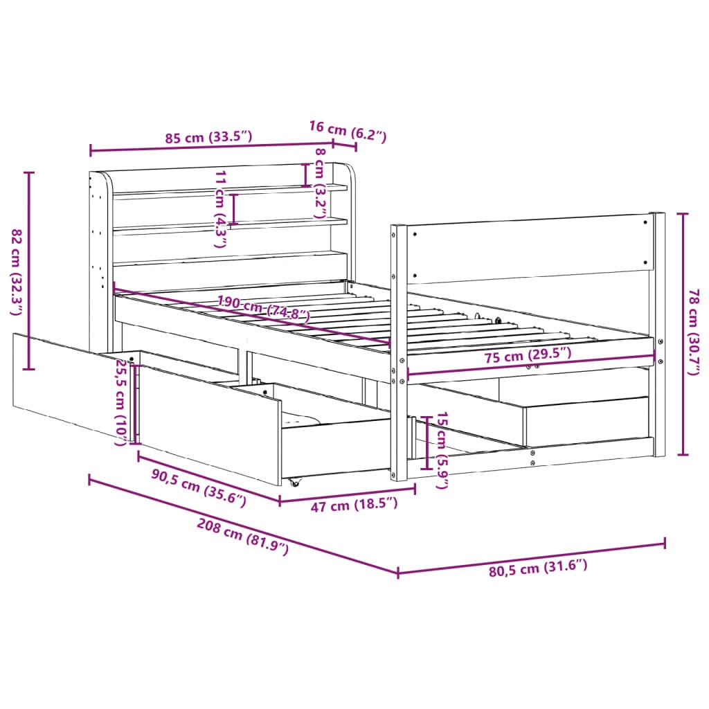 Sengeramme uden madras 75x190 cm massivt fyrretræ