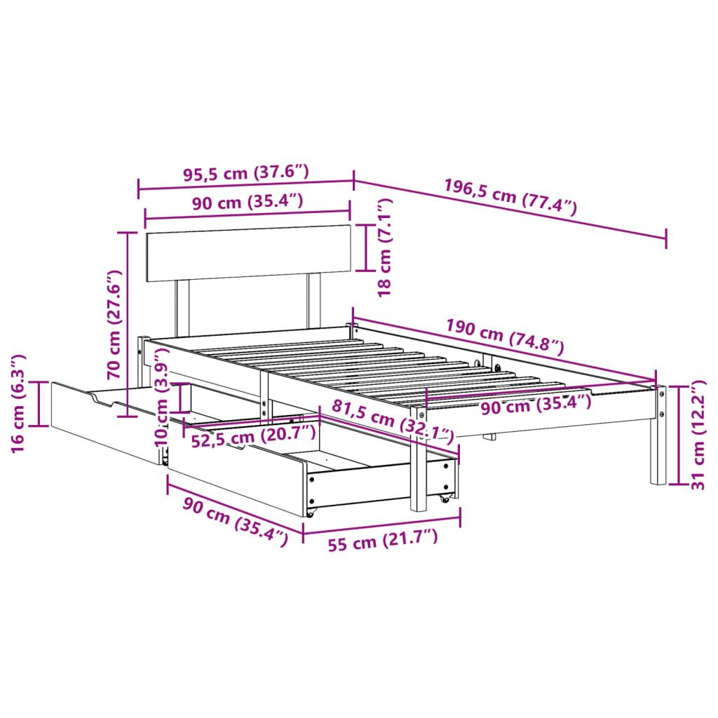 Sengeramme uden madras 90x190 cm massivt fyrretræ
