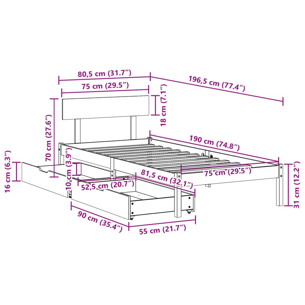 Sengeramme uden madras 75x190 cm massivt fyrretræ hvid