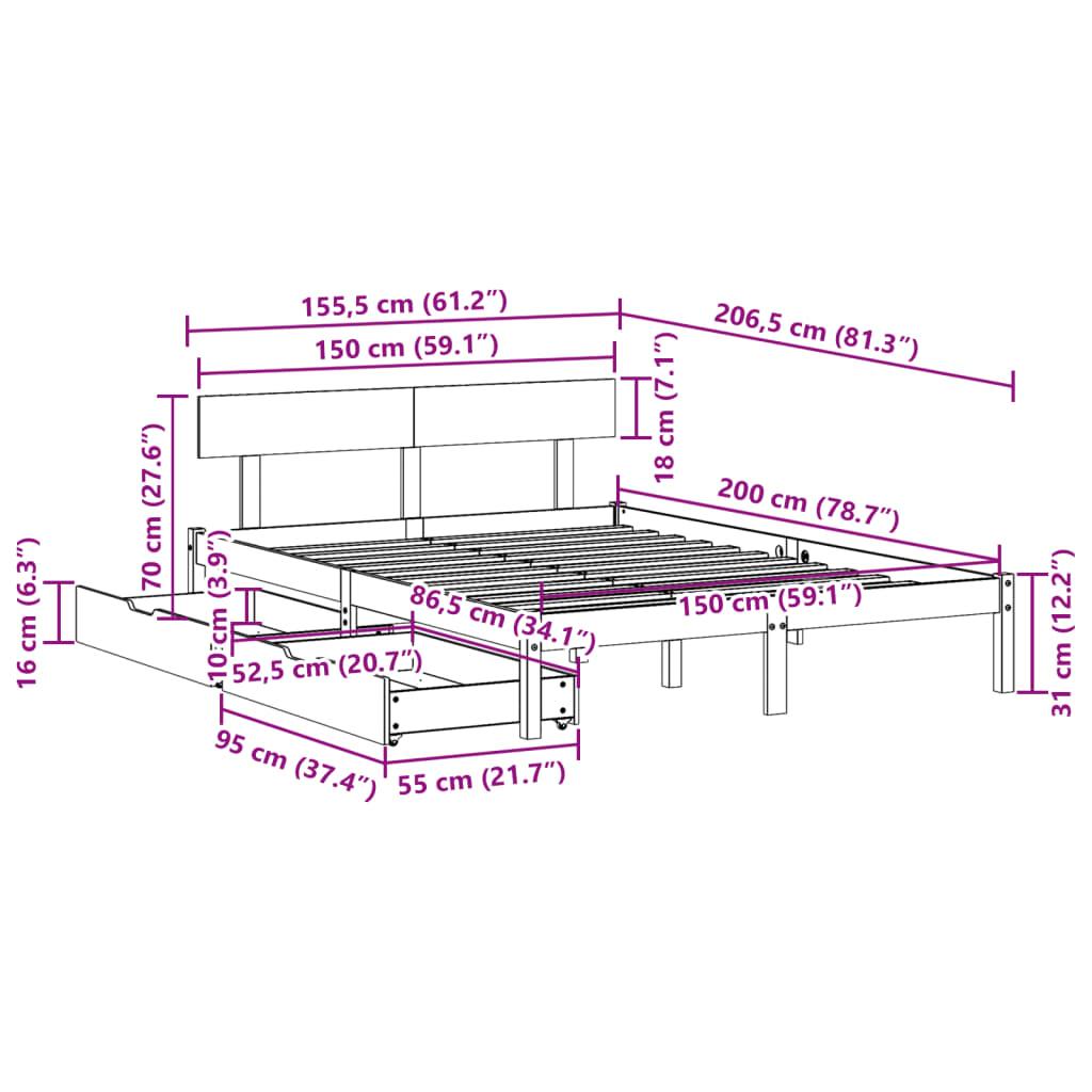 Sengeramme uden madras 150x200 cm massivt fyrretræ hvid