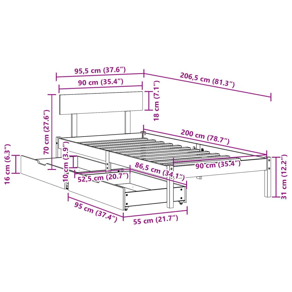 Sengeramme uden madras 90x200 cm massivt fyrretræ