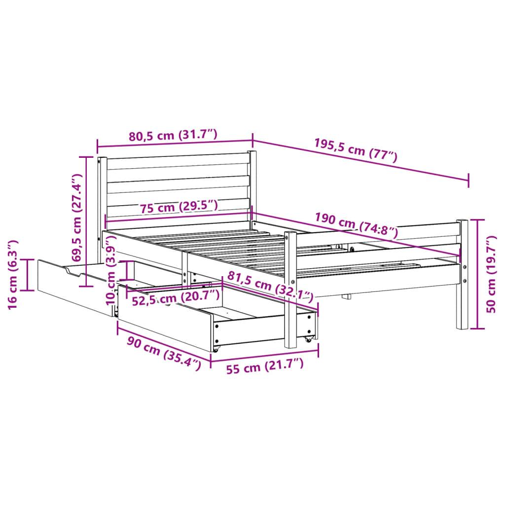 Sengeramme uden madras 75x190 cm massivt fyrretræ