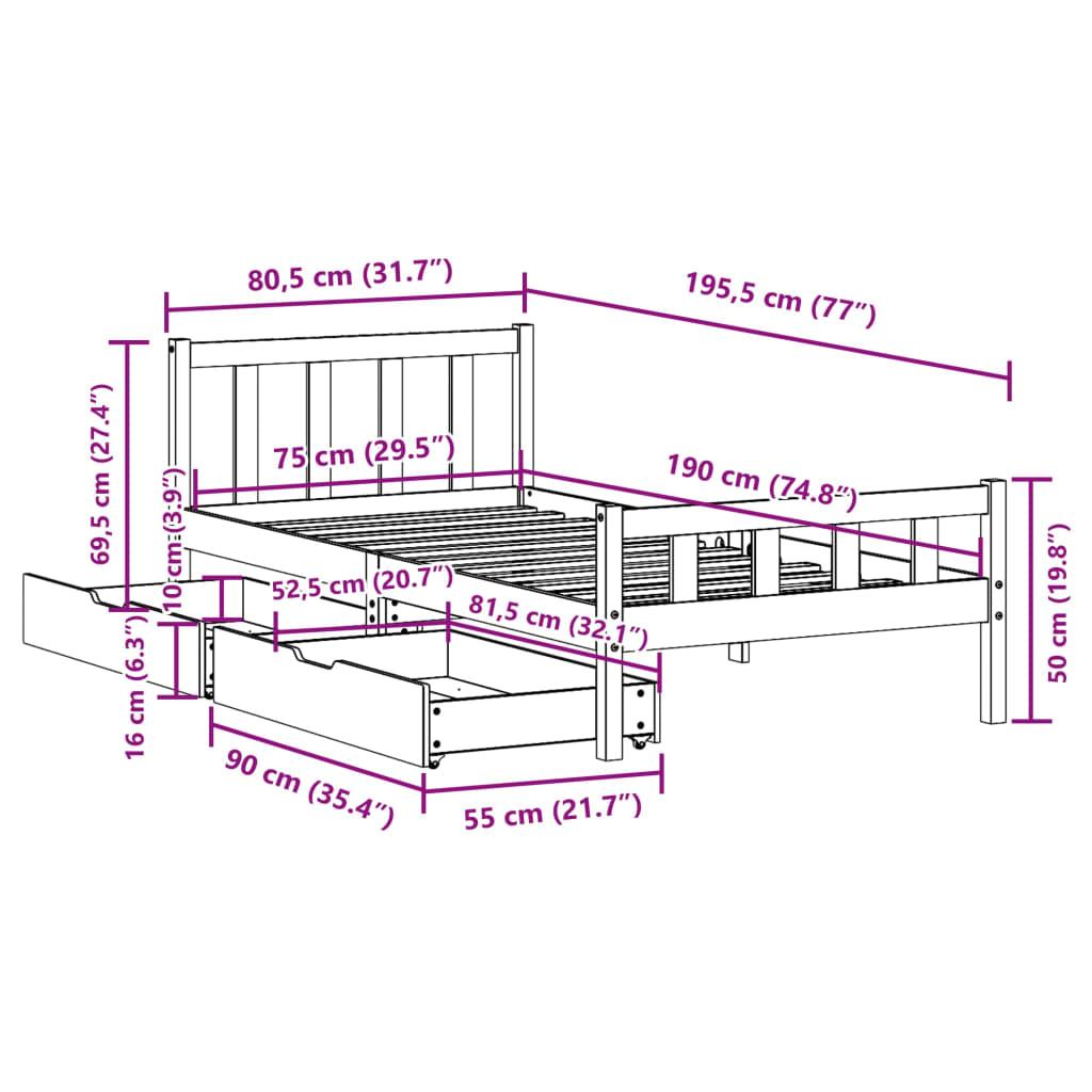 Sengeramme uden madras 75x190 cm massivt fyrretræ