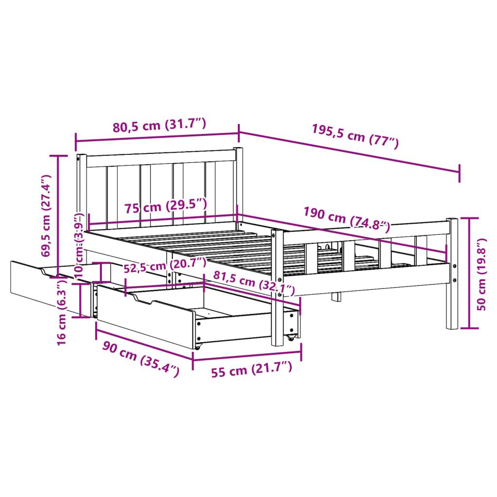 Sengeramme uden madras 75x190 cm massivt fyrretræ gyldenbrun