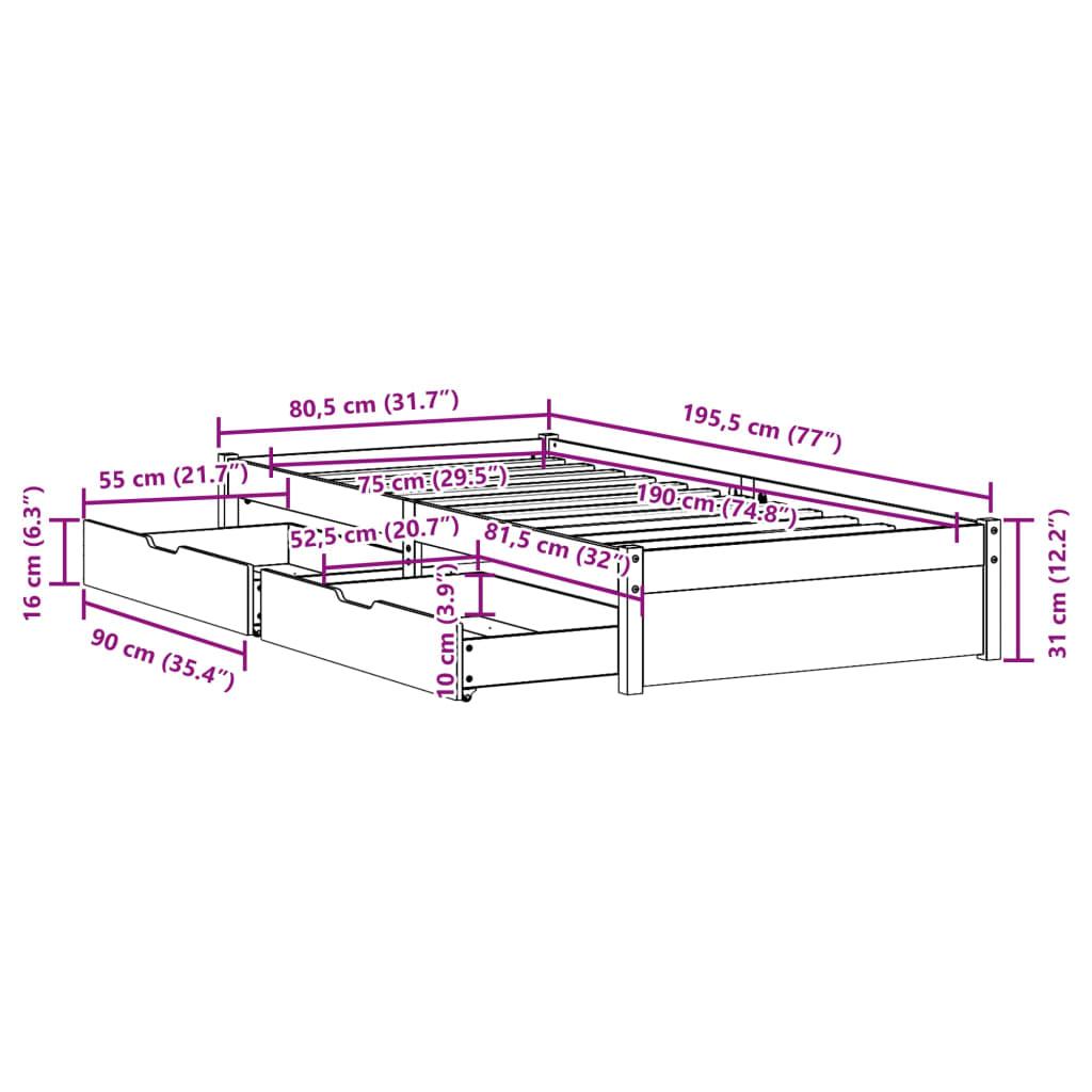 Sengeramme uden madras 75x190 cm massivt fyrretræ hvid