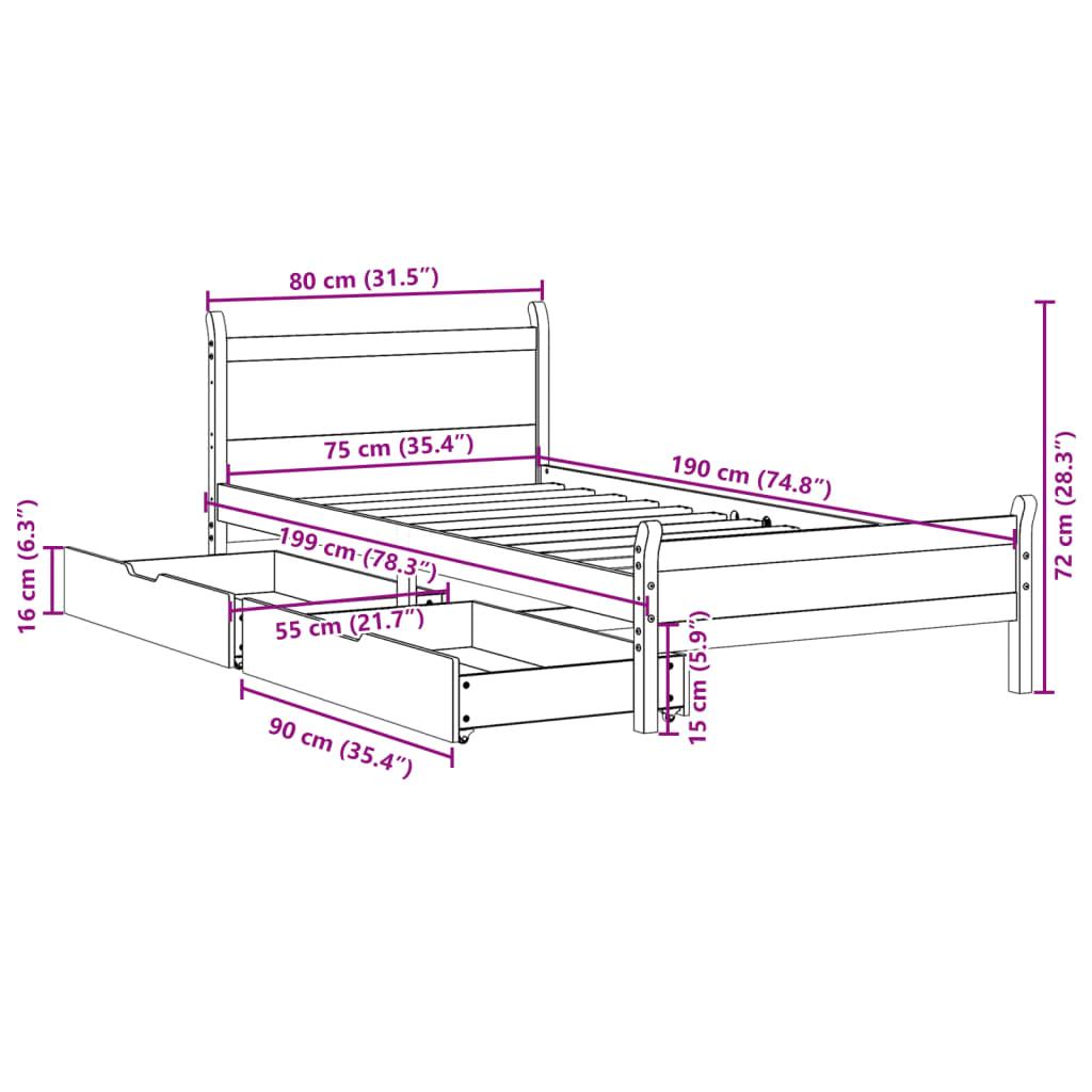 Sengeramme uden madras 75x190 cm massivt fyrretræ