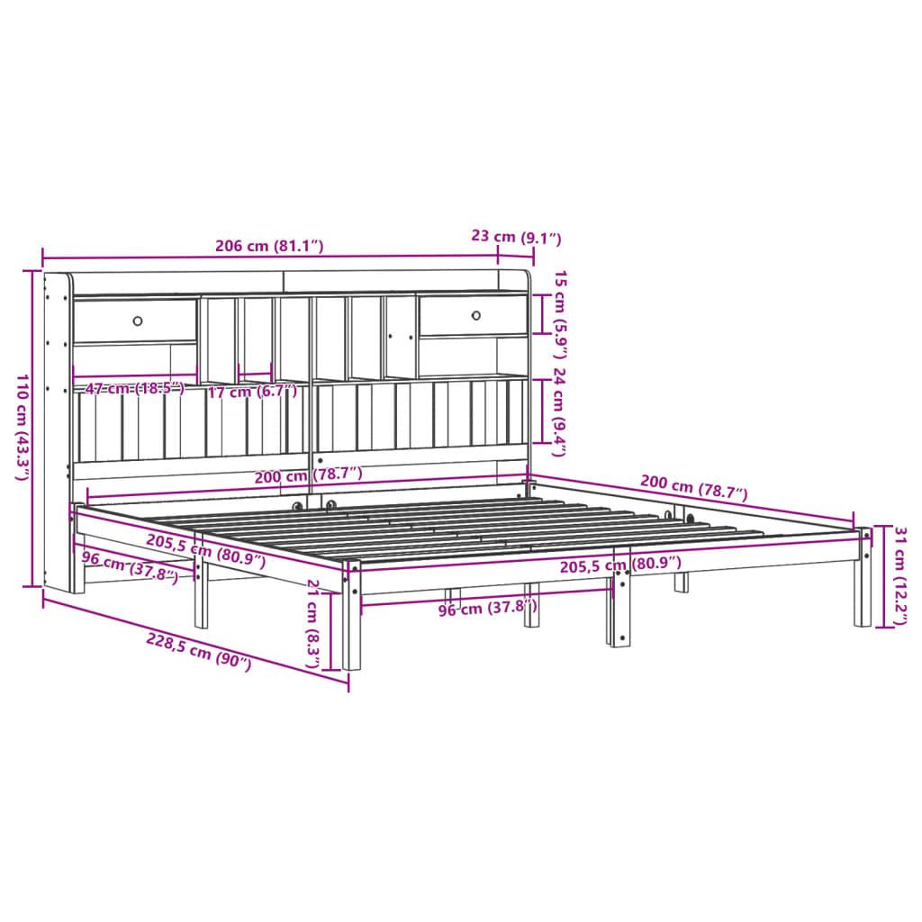 Seng med reol uden madras 200x200 cm massivt fyrretræ