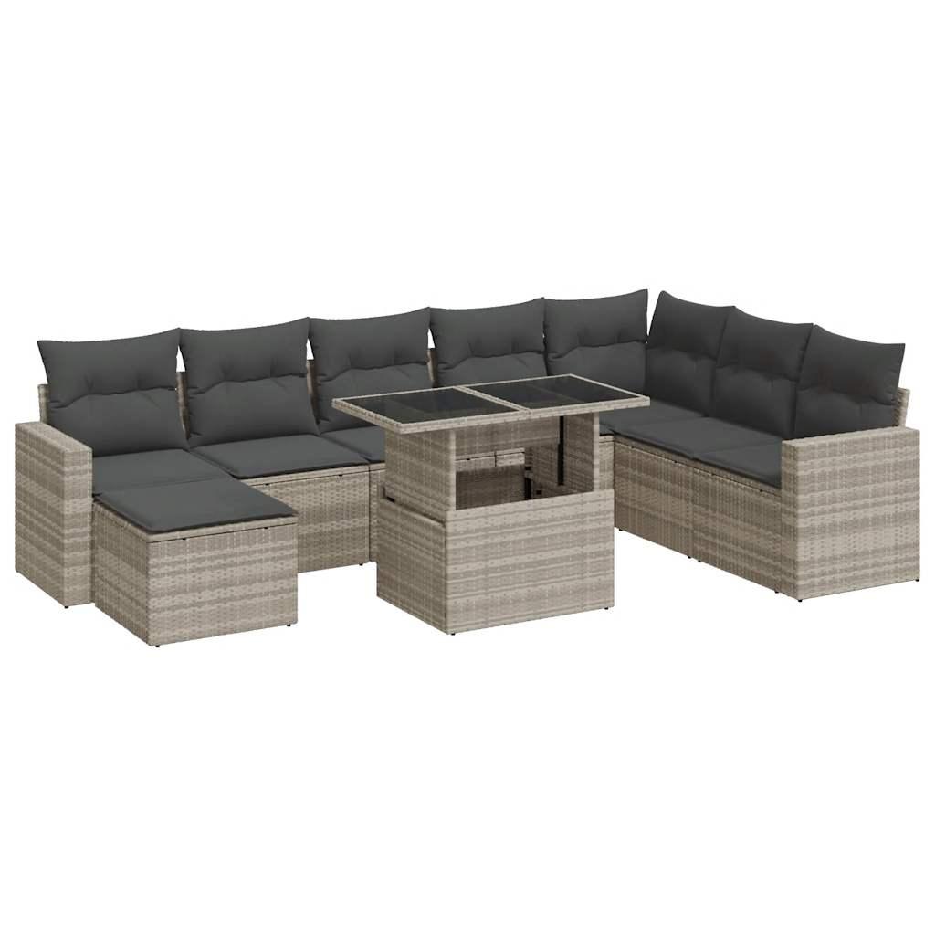 Sofasæt til haven 9 dele med hynder polyrattan lysegrå