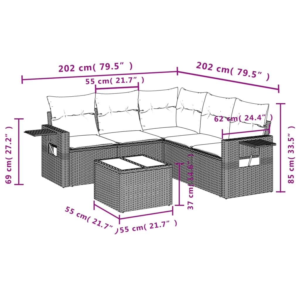 Sofasæt til haven 6 dele med hynder polyrattan brun