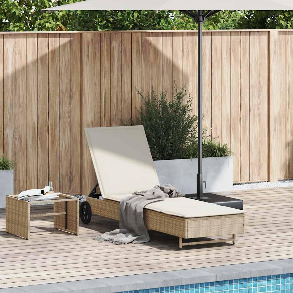 Liggestol med hjul og hynde polyrattan beige