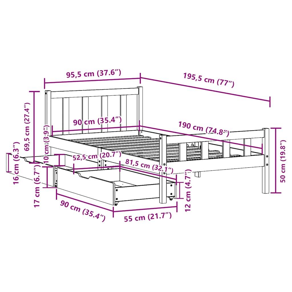 Sengeramme uden madras 90x190 cm massivt fyrretræ