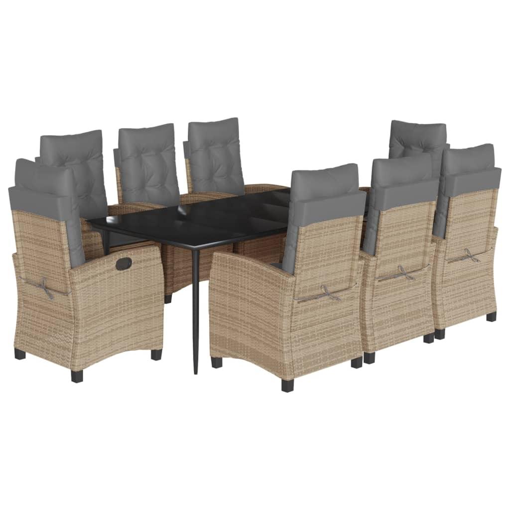 Spisebordssæt til haven 9 dele med hynder polyrattan beige